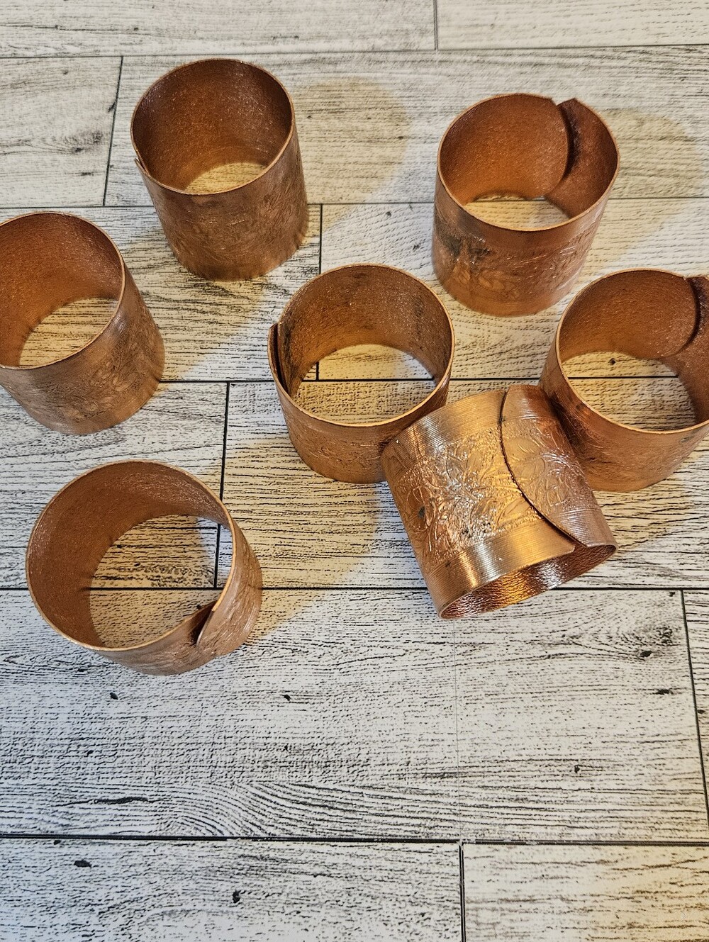 Vintage Copper Napkin Rings Lot of 7 Etched Floral Design